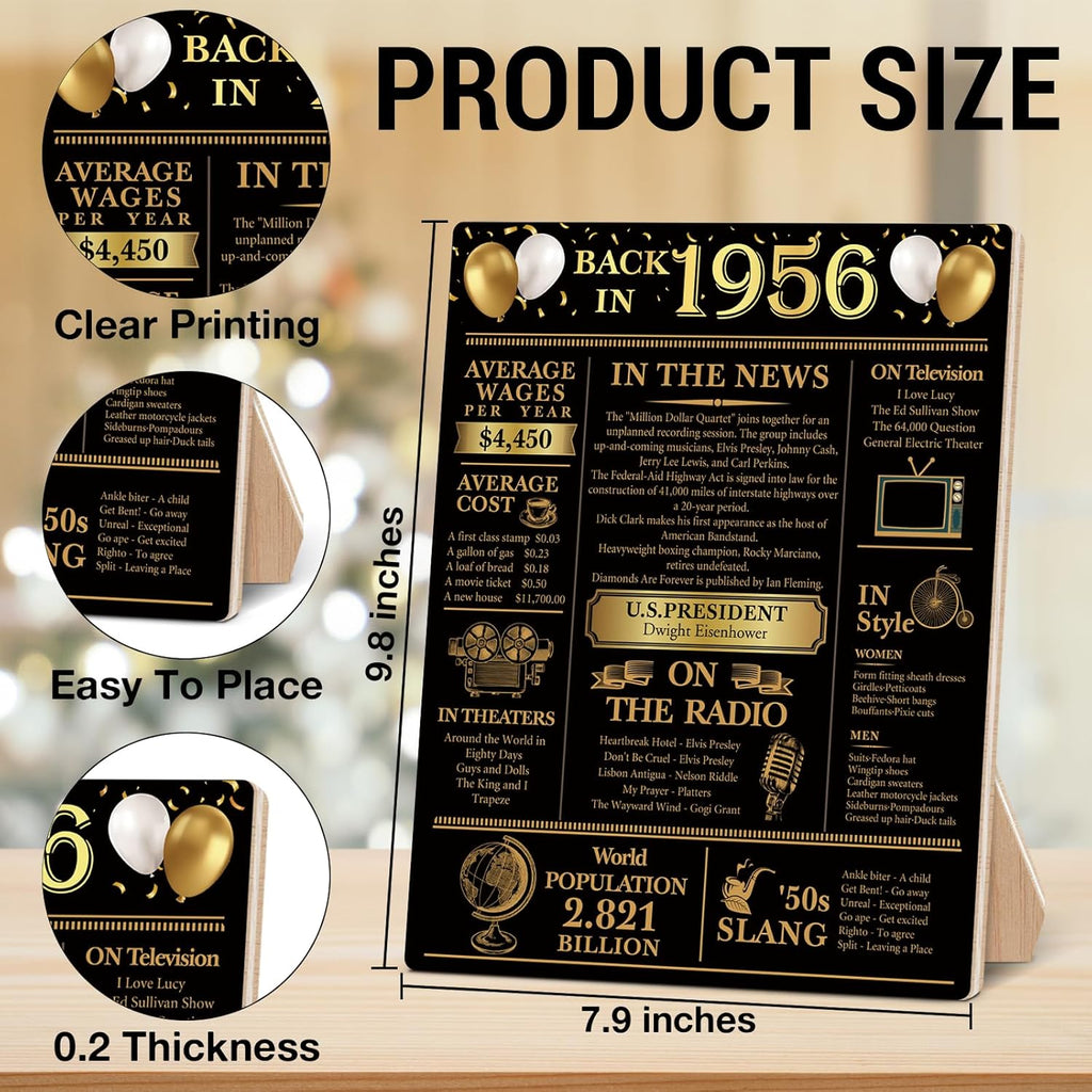 Back in 1956 | 70th Birthday Party Decorations - Black and Gold Wooden Sign & Table Favors