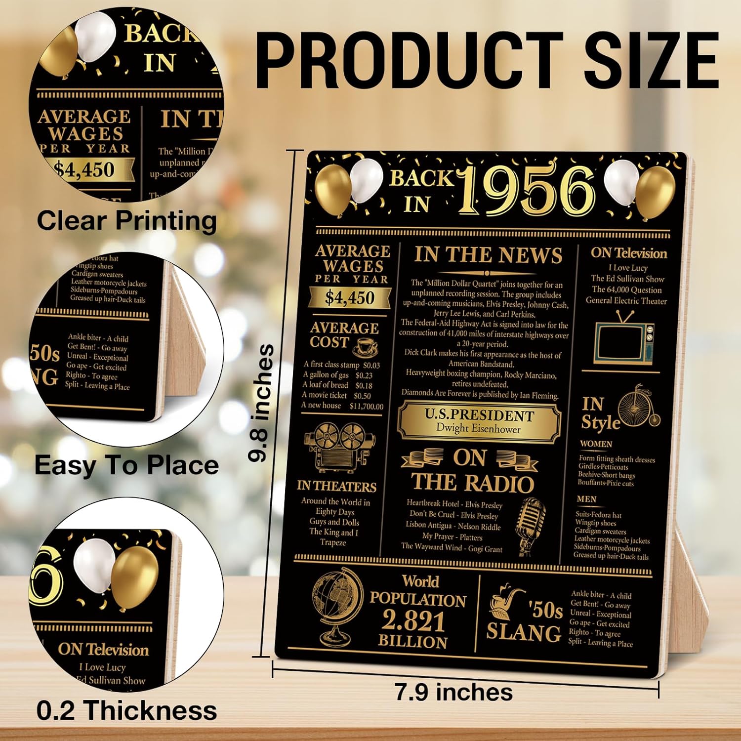 Back in 1956 | 70th Birthday Party Decorations - Black and Gold Wooden Sign & Table Favors