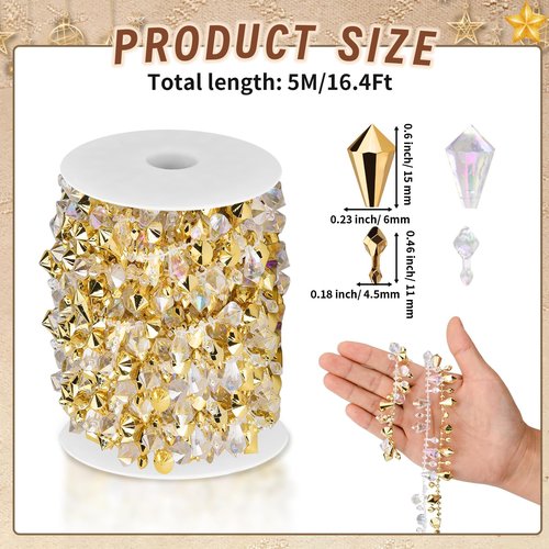 16 Feet Christmas Garland Christmas Tree Crystal Beads Garland Clear Iridescent Large Twinkle Ice Double Twist Christmas Tree Garland Perfect for Winter and Xmax Tree Decorations and Home Décor (Gold)