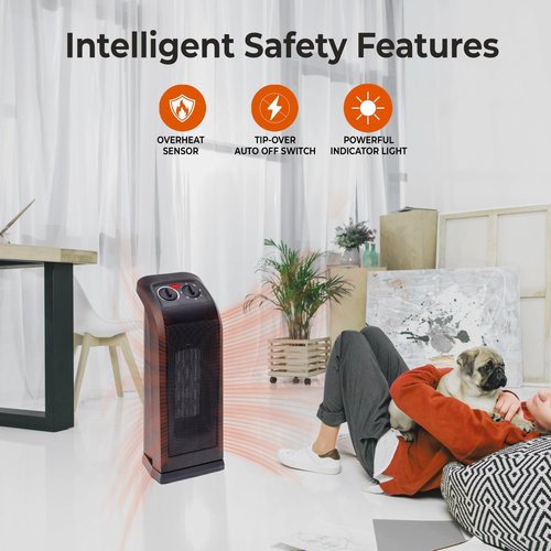 Comfort Zone 18" Tower Space Heater with PTC Heating Element, 1500W/900W Dual Heat, 60° Oscillation, Adjustable Thermostat, Fan-Only Mode, Overheat & Tip-Over Protection, Portable Electric Heater