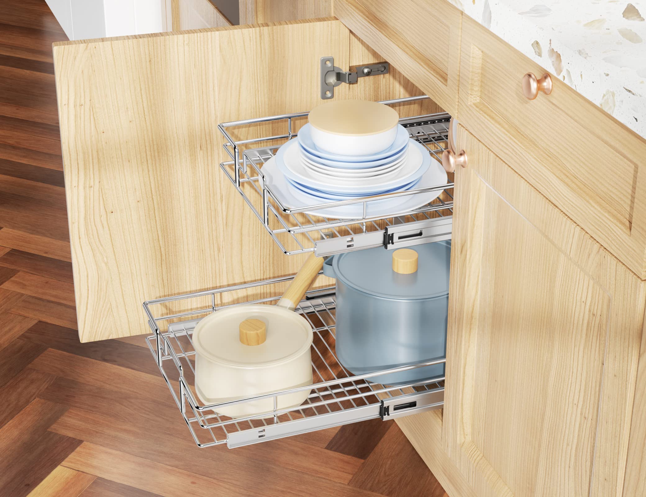 LOVMOR Individual Pull Out Cabinet Organizer, 2 Tier Slide Out Cabinet Drawers, Pots and Pans Organizer and Storage Pantry Shelf for Kitchen (20" W x 18" D)