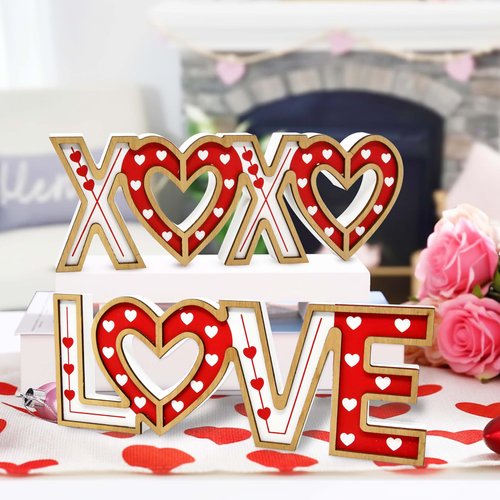 Gift Boutique Valentine's Day Love & Xoxo Signs Set of 2 Red & White Wooden Table Decor Home Mantel Shelf Wedding Anniversary Freestanding Decorations