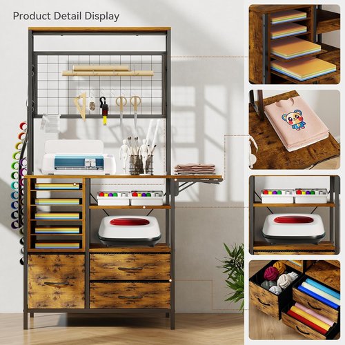 ARTETHYS Craft Organizer - Brown Storage Cabinet with Drawer & Fold-Out Desk for Craft Room