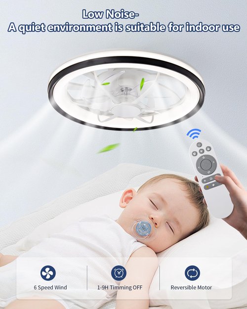 Kwinmyso 18.9" Modern Ceiling Fan with Light and Remote Control,Flush Mount Low Profile Dimmable Ceiling Fan,Stepless Dimming Light and 6 Speeds Fan-826 Black