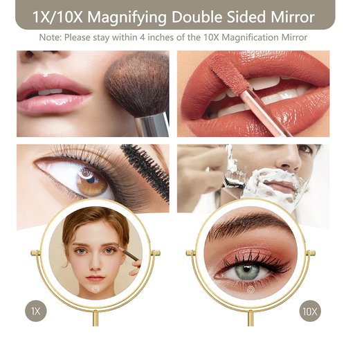 MIROAMZ 8" Lighted Makeup Mirror, 1X/10X Magnification Mirror with Lights, Double Sided Dimmable Mirrors, Rechargeable & Brightness & Height Adjustable, Cordless Vanity Mirror(Gold)