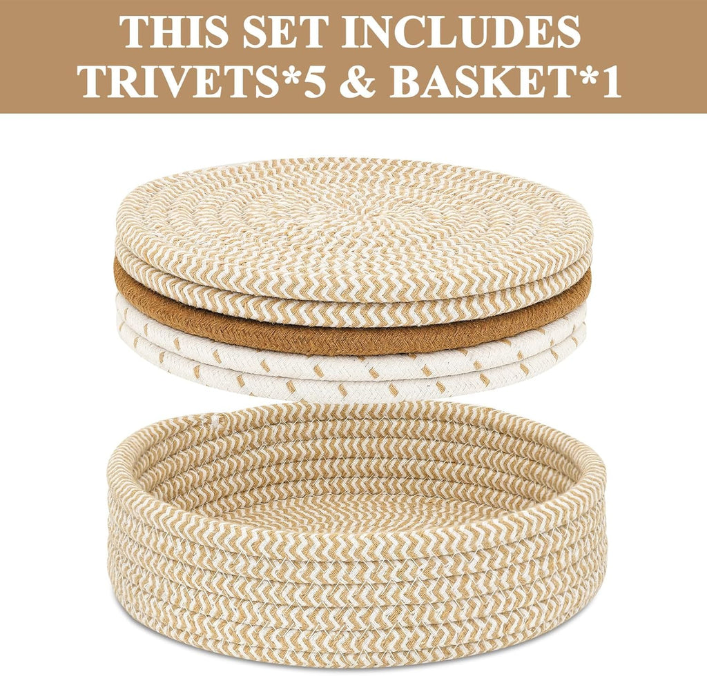 Trivets for Hot Dishes by Home Essentials - Heat Resistant Pot Holders with Storage Basket | 5 PCS Mix Brown