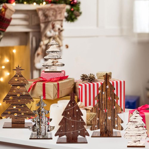 Atiloy 6PCS Wooden Christmas Trees Tabletop Decor Farmhouse Christmas Decor Wooden Christmas Trees Centerpieces Table for Christmas Home Office Farmhouse Tiered Tray Decorations