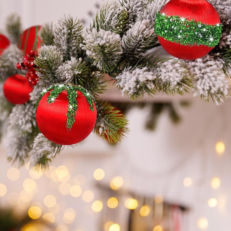Poen 24-Piece Red & Green Christmas Ornaments Set - Satin Silk Finish, 3 Sizes (1.6/2.4/3.2 in) - Includes Hanging Ropes