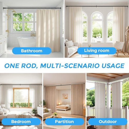 AIZESI Heavy Duty Black Tension Curtain Rod | Adjustable 41-144 Inch - No Drilling, Rust-Resistant for Indoor/Outdoor Use