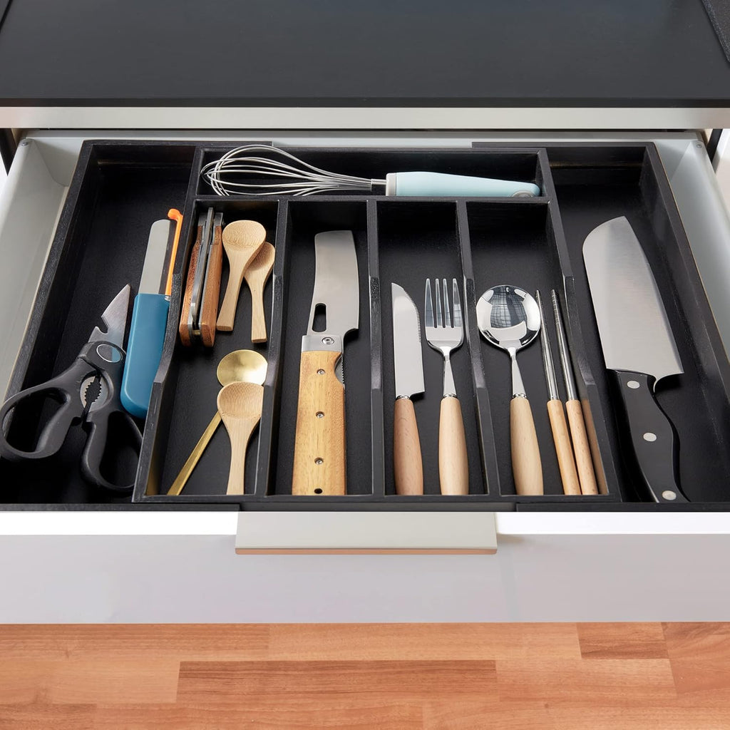 Skiennix Expandable Bamboo Kitchen Drawer Organizer - Adjustable Cutlery Tray for Utensils | Black