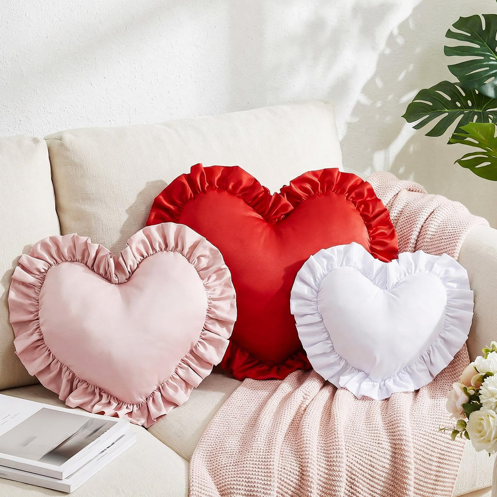 Tingjoo Heart Shaped Throw Pillow Set of 3, Ruffle Valentine's Day Pillows for Couch Sofa Bed, Red Pink White Love Decorative Plush Cushions, Cute Romantic Anniversary Home Decor, Gift for Her