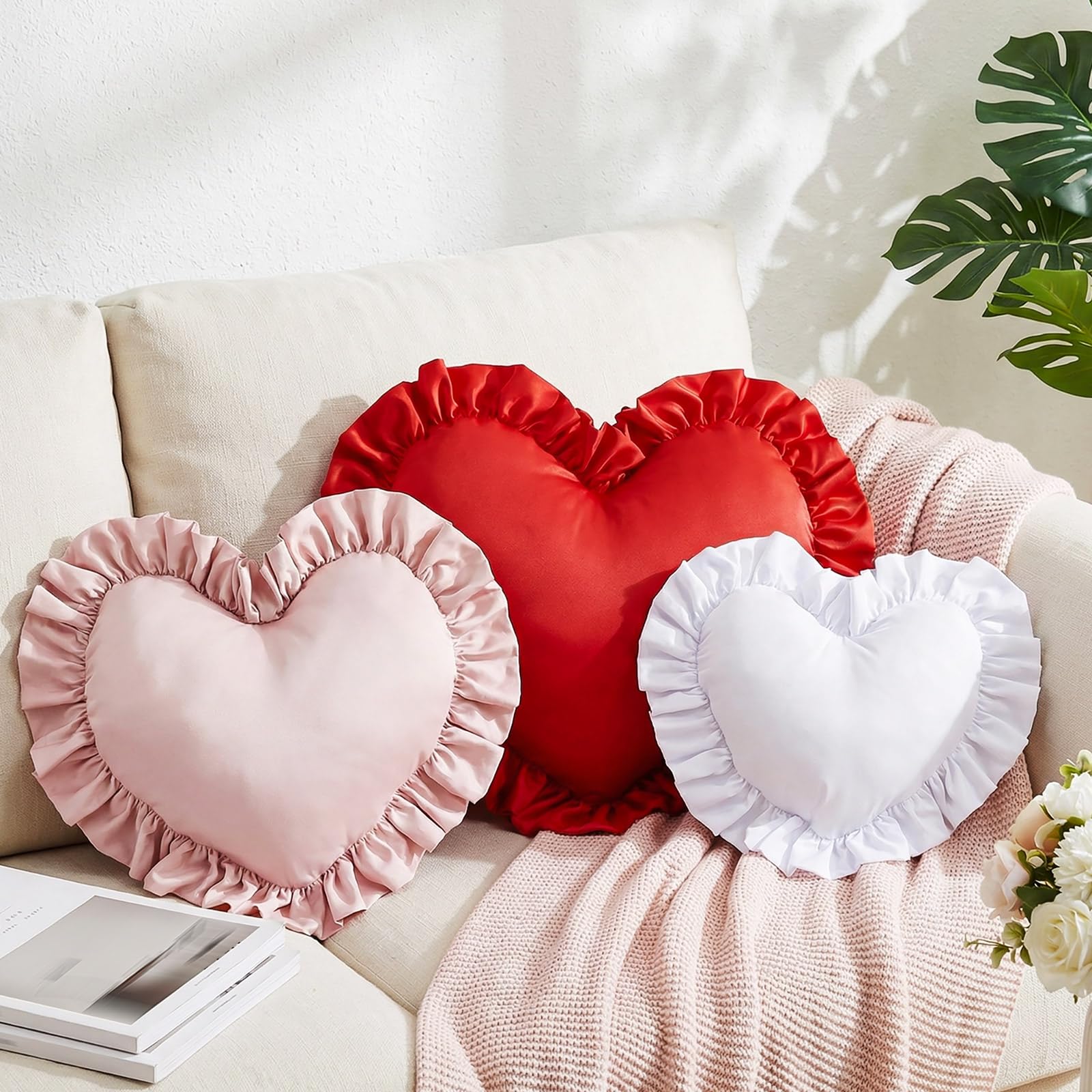 Tingjoo Heart Shaped Throw Pillow Set of 3, Ruffle Valentine's Day Pillows for Couch Sofa Bed, Red Pink White Love Decorative Plush Cushions, Cute Romantic Anniversary Home Decor, Gift for Her