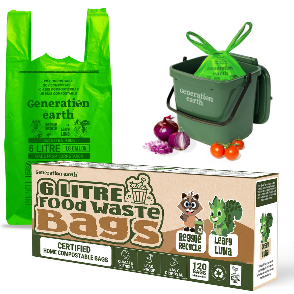 120 Bags 1.6 Gallon (6L) | Tie Handle Compostable Food Waste Bags | BPI Certified Kitchen Countertop Compost Bin Liners | Extra Strong Biodegradable Caddy Bags | Generation earth