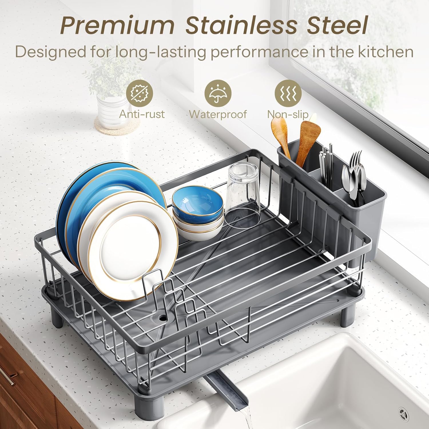 SNTD Dish Drying Rack - Stainless Steel Kitchen Counter Drainer with Utensil Holder | 11" W x 15" L (Grey)