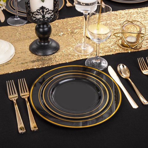 FLOWERCAT 100PCS Black and Gold Plates - Heavy Duty Black Plates Disposable for Halloween Party/New Year/Birthday- Include 50PCS 10.25inch Dinner Plates - 50PCS 7.5inch Dessert Plates