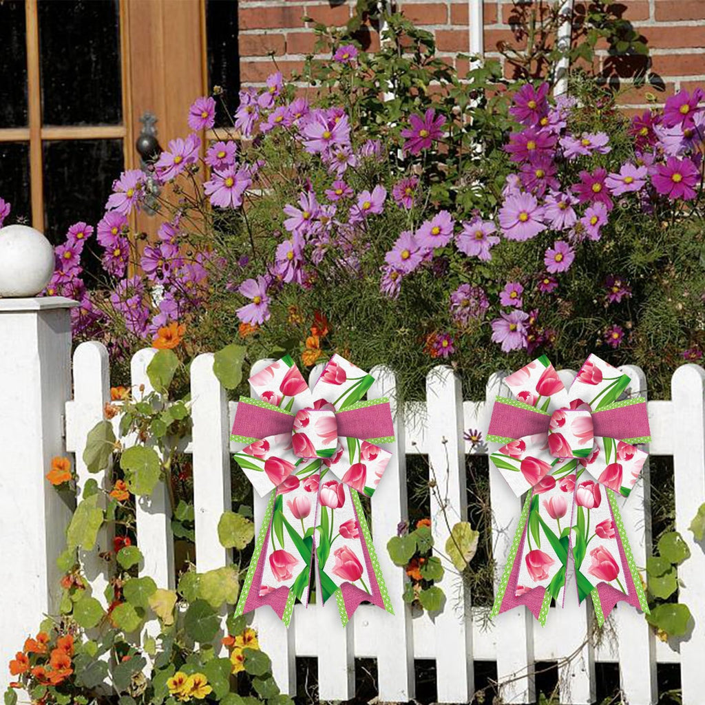 Threetols Floral Wreath Bows - 2 Pack Pink Tulip Design for Indoor/Outdoor Home Decor | DIY Craft