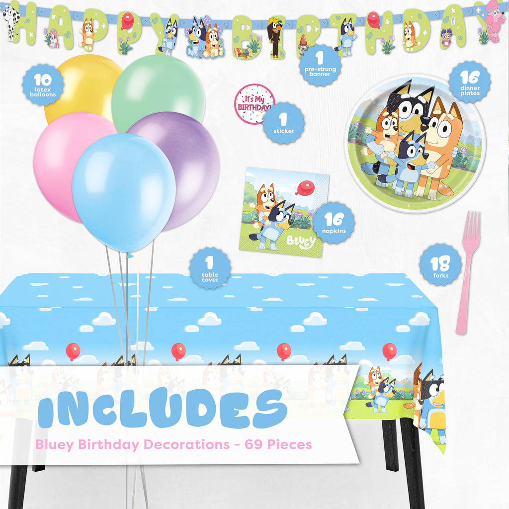 Bluey Birthday Decorations Girl Party Supplies for 16 - Bluey Party Decorations with Banner, Tablecloth, Balloons, Plates, Napkins, Forks, Sticker - Officially Licensed
