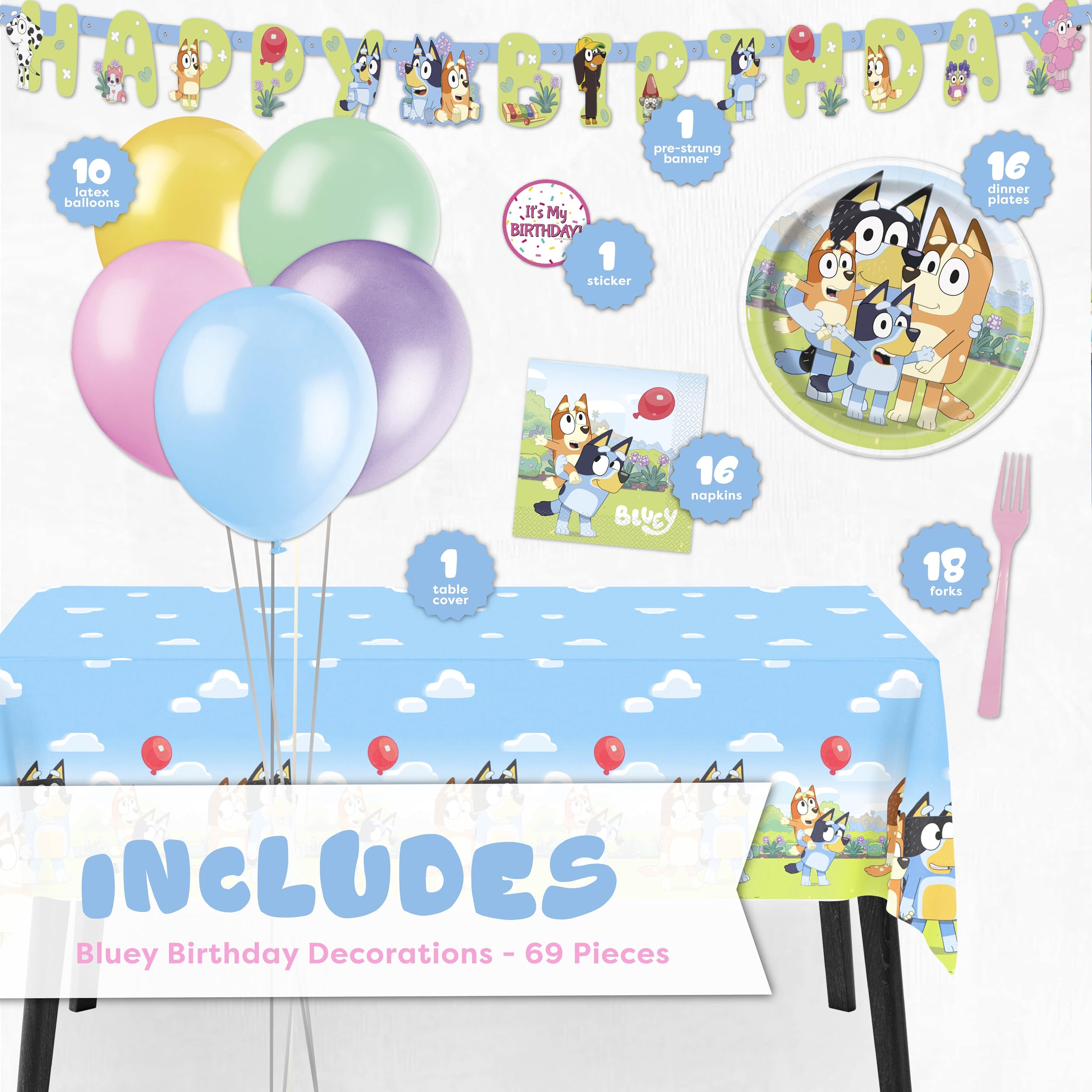 Bluey Birthday Decorations Girl Party Supplies for 16 - Bluey Party Decorations with Banner, Tablecloth, Balloons, Plates, Napkins, Forks, Sticker - Officially Licensed