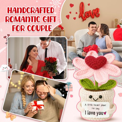 Frabaca Crochet Heart Flower Valentines Day Decorations - I Love You Gifts for Her Him, Cute Birthday, Easter, Anniversary Wedding Gift for Girlfriend, Wife, Fiancee, Christmas Stocking Stuffers