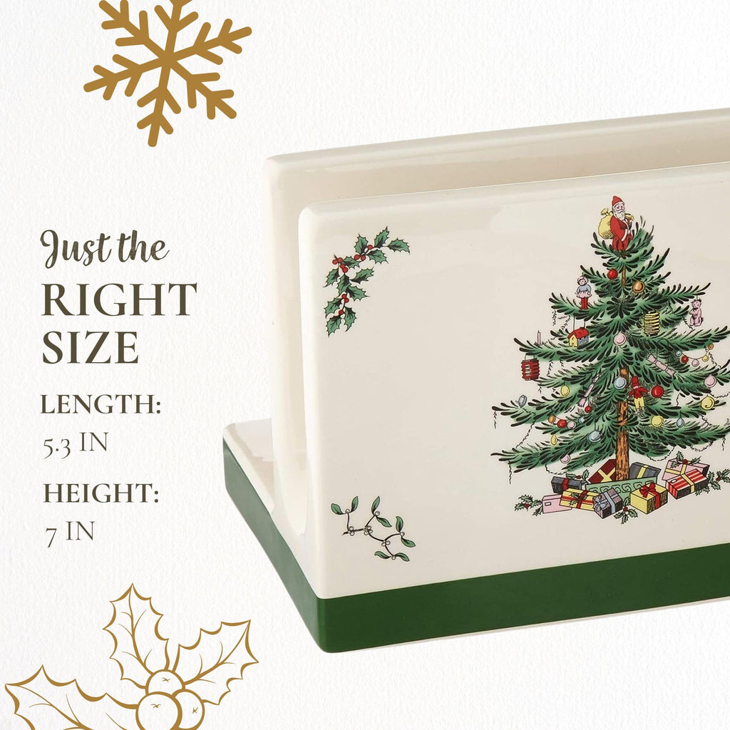 Spode Christmas Tree 3-Piece Hostess Set - Napkin Holder, Salt Shaker & Pepper Shaker (Santa & Tree Figural) - Festive Earthenware for Christmas, Holiday Entertaining - Decorative Gift Set