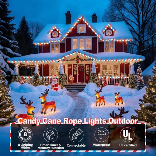 Jnaurb Candy Cane Lights - 66ft Waterproof LED Christmas Rope Lights | 480 Connectable Red, White & Blue
