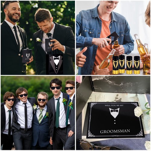 35 Pieces Groomsmen Gifts Set:6 Tuxedo Flask 6pcs Bottle Opener 6 Groomsmen Gauge Glasses 6 Sunglasses 5 Card 6 Gift Bags for Wedding Bachelor Party