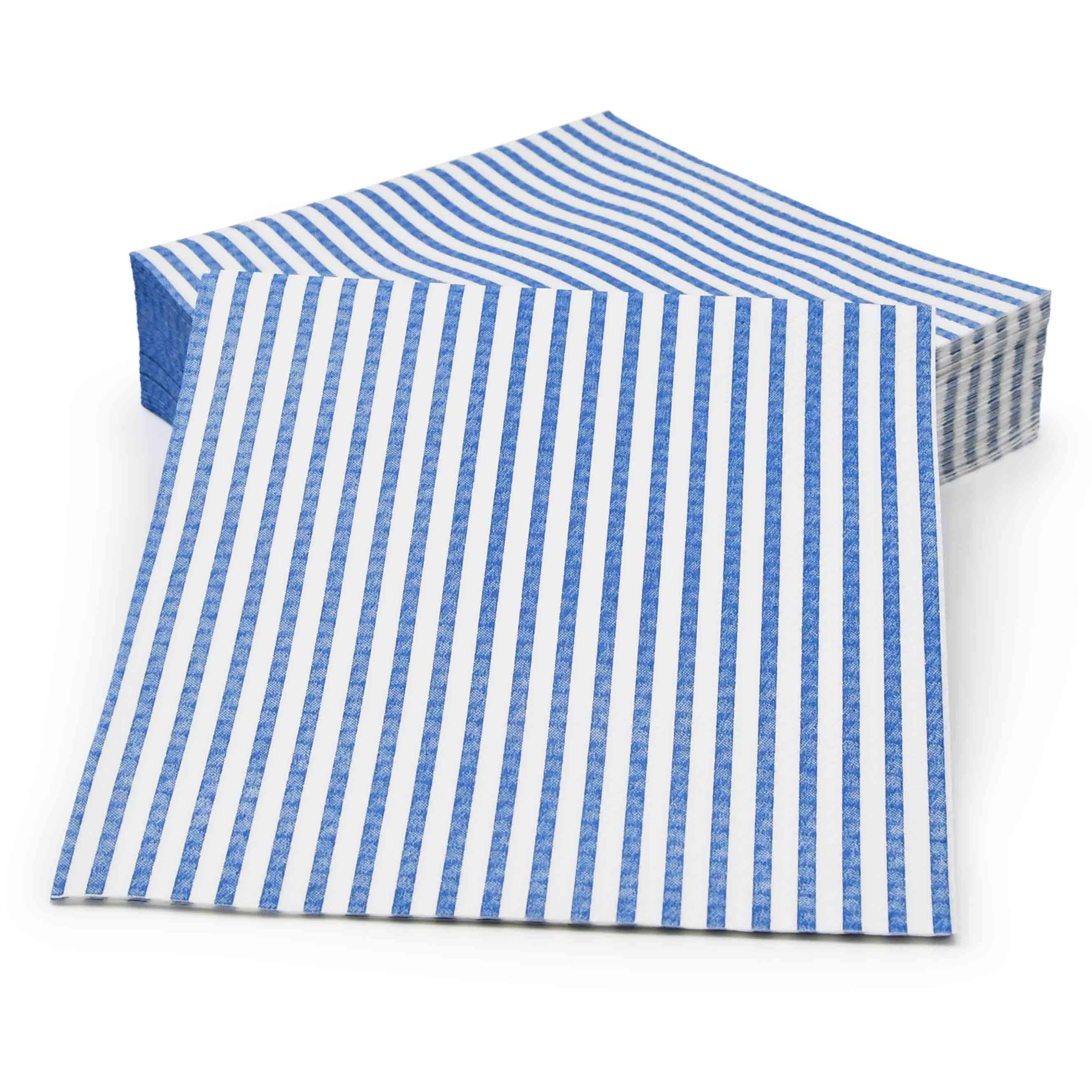 100 Pcs Blue & White Stripe Cocktail Beverage Napkins Disposable Paper Thin Striped Dessert Napkin for Birthday Baby Shower Party Supplies Decor