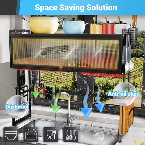 AIZOE Over The Sink Dish Drainer Drying Rack, 37.4 inch, Kitchen Supplies for Kitchen Counter Multiple Dishes Flatware & Utensil Holder, Black