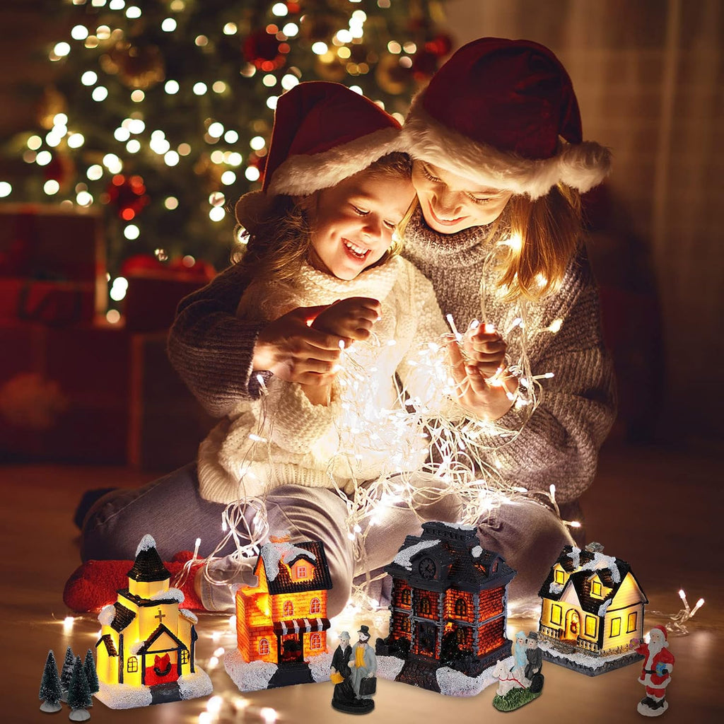 Queekay Christmas Village Set - 17 Pcs Lighted Resin Houses & Figurines | Winter Decorations for Indoor Use