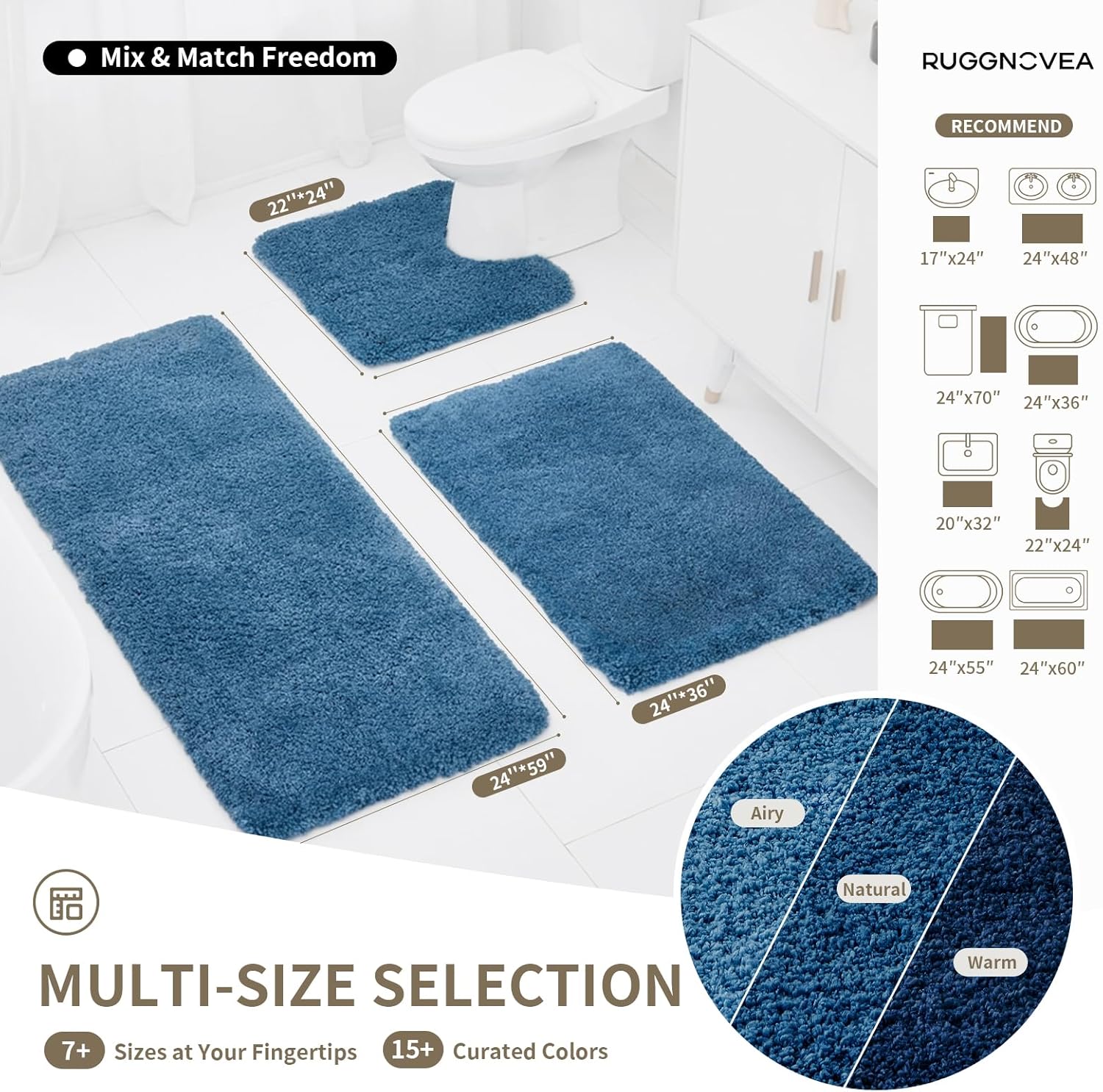 Skiennix Non-Slip Bathroom Rugs - Ultra Thick Microfiber Bath Mats | Absorbent & Fluffy 24x17, Blue