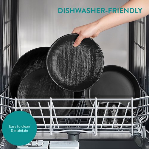Navaris Linen Artisan Stoneware Dinnerware Set (16 Pieces) - Dishwasher and Microwave Safe Plates, Bowls, Mugs in Charcoal Black