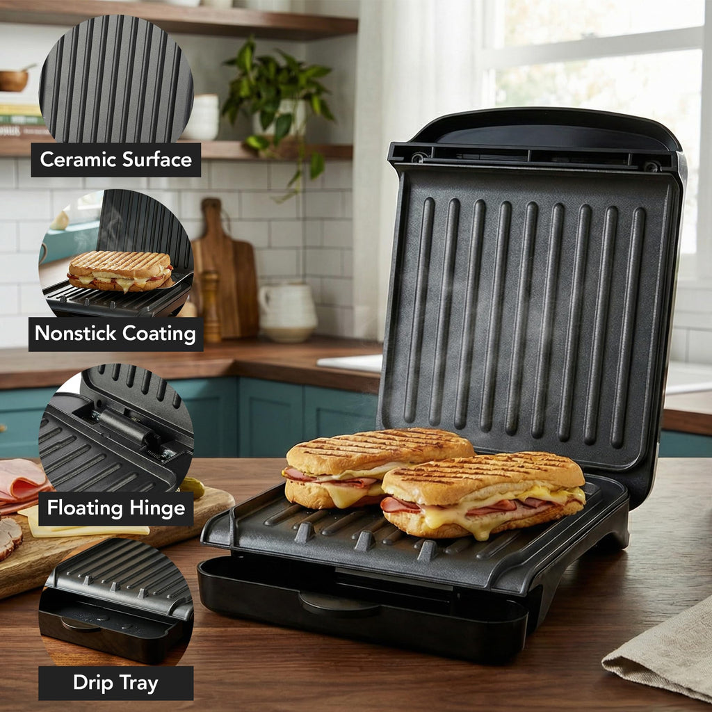 OVENTE 2-Serving Electric Indoor Grill & Panini Press with Easy Clean Non-Stick Plate Coating, Opens 180 Degrees, 8.15" x 7.4" Space Saving Design, 750W Contact Grill for Burgers & More, Black GP222B