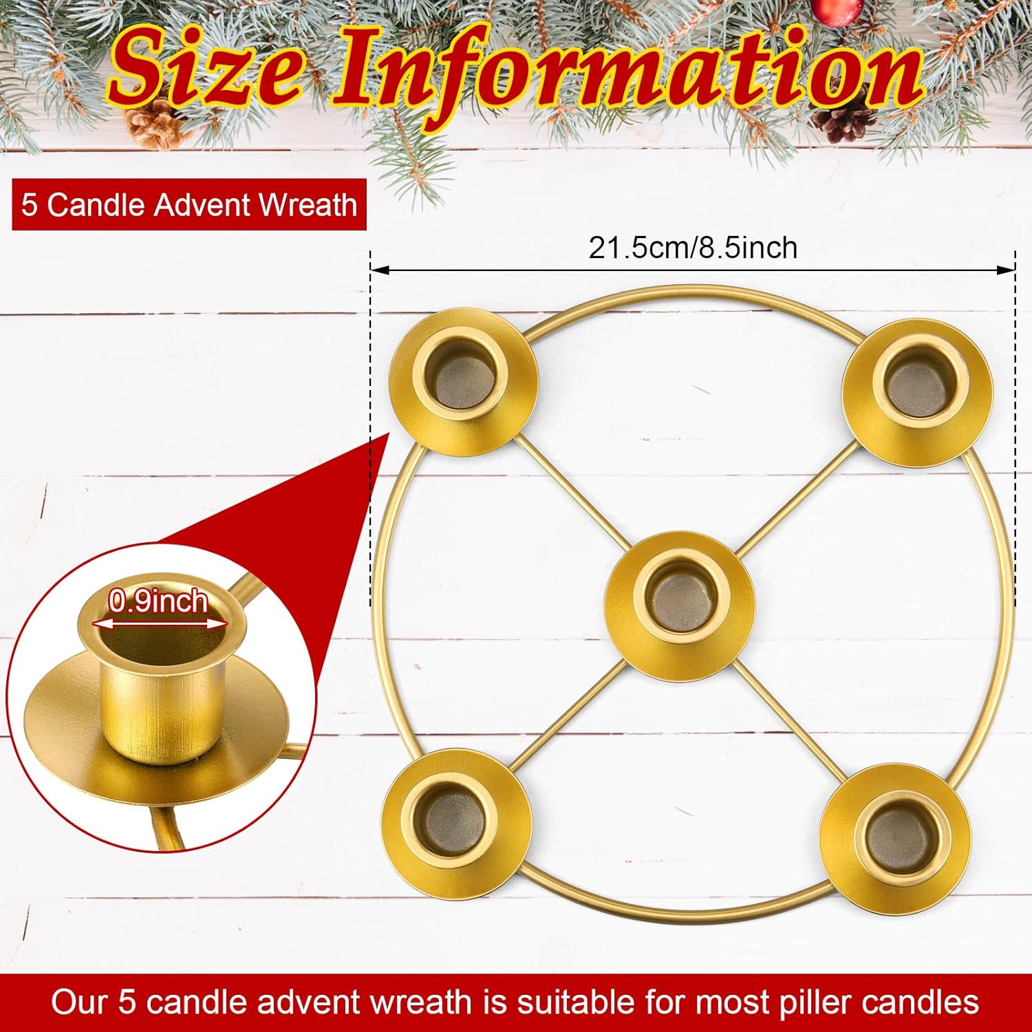 Newtay Christmas Advent Wreath Candle Holder - 5 Candle 8.5 Inch Metal Ring for Holiday Home Decor | Gold