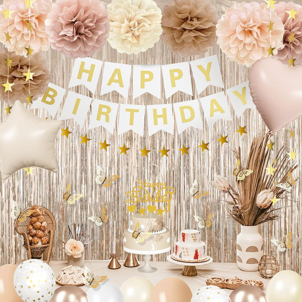 lambent Happy Birthday Decorations Kits for Women Girls,Champagne-Gold Beige Fall Boho Birthday Party Decorations with Foil Balloons,Birthday Banner,Star Banner,Fringe Curtain,Cake Topper