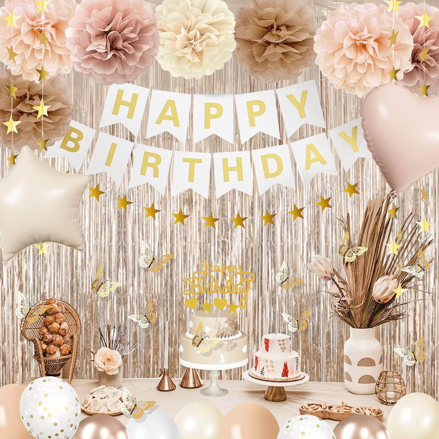 lambent Happy Birthday Decorations Kits for Women Girls,Champagne-Gold Beige Fall Boho Birthday Party Decorations with Foil Balloons,Birthday Banner,Star Banner,Fringe Curtain,Cake Topper