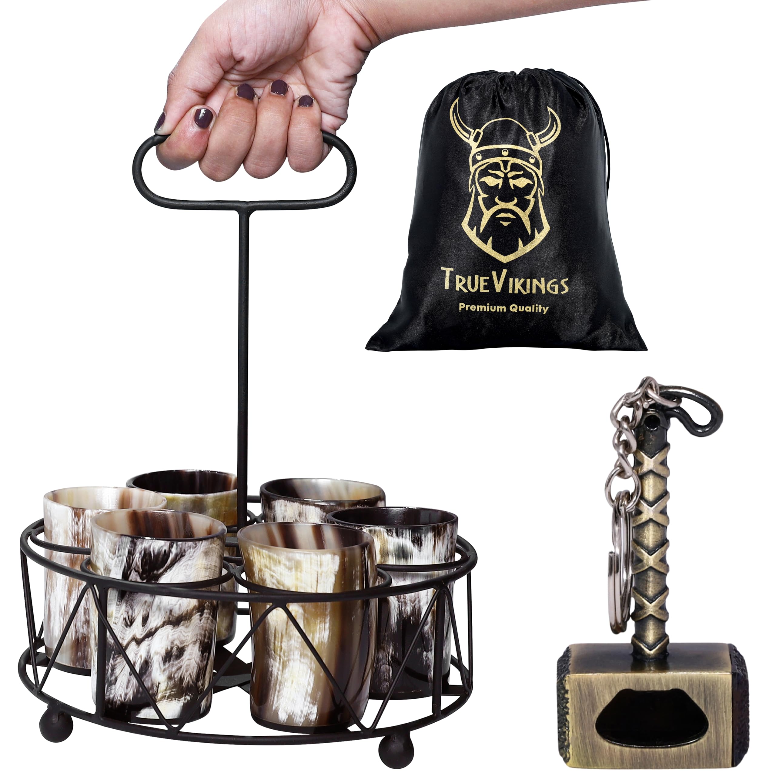 TRUE VIKING Drinking Horn Cup Set of 6 – Unique Viking Gifts for Men, Dad, Husband – Natural Ox Horn Shot Glasses with Thor Bottle Opener & Metal Caddy – Leak-Proof – For Beer, Ale, Mead (5 oz/Glass)