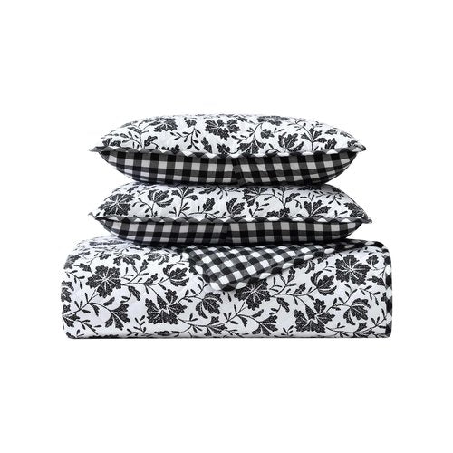 Eddie Bauer - Twin Quilt Set, Cotton Flannel Bedding with Matching Sham, Rounded Corners, Diamond Corner Stitch, Dorm Essentials (Woodblock Floral Black)