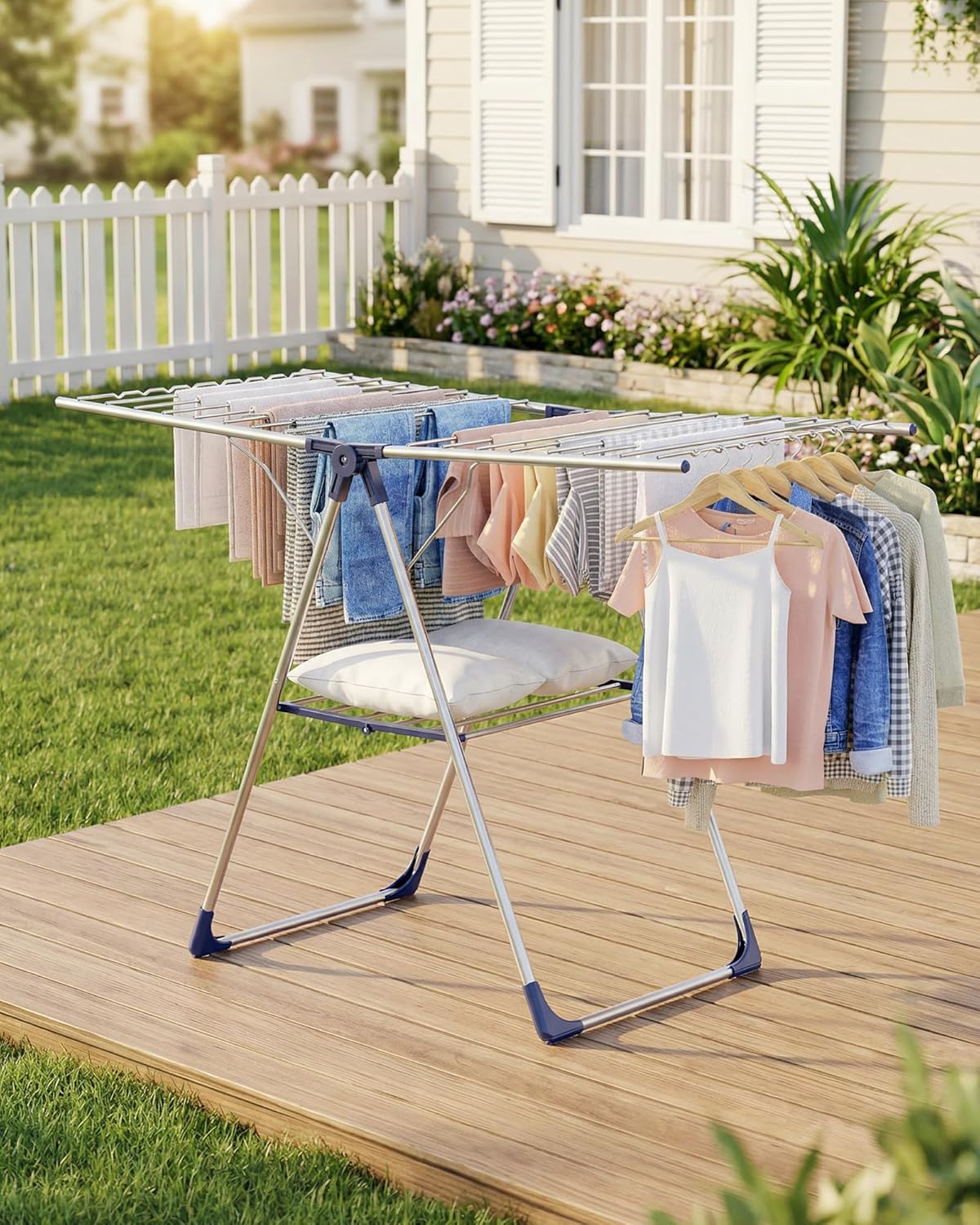 Sakugi Clothes Drying Rack - Height-Adjustable Metal Laundry Stand for Indoor & Outdoor Use | 55.5" L × 22.8" W, Silver Blue