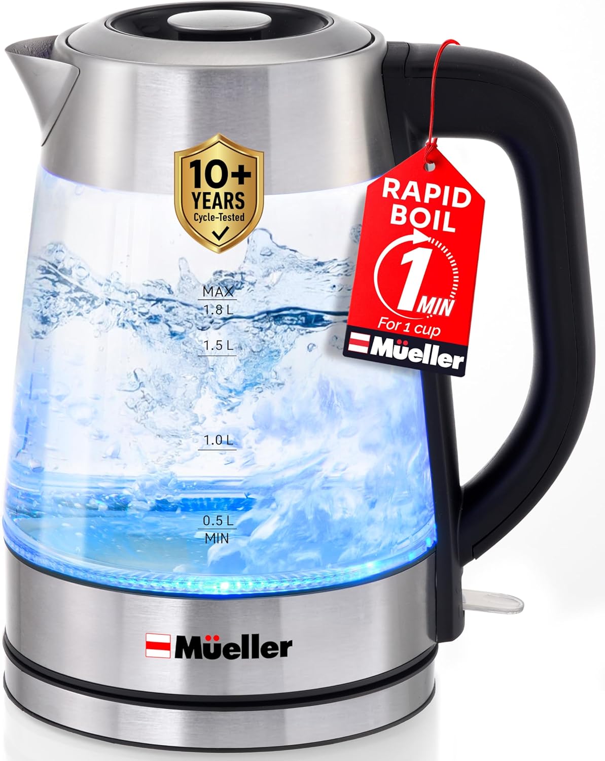 Mueller Rapid Boil Electric Tea Kettle - 1.8L Borosilicate Glass & Stainless Steel - BPA-Free, Auto Shut-Off & LED Light