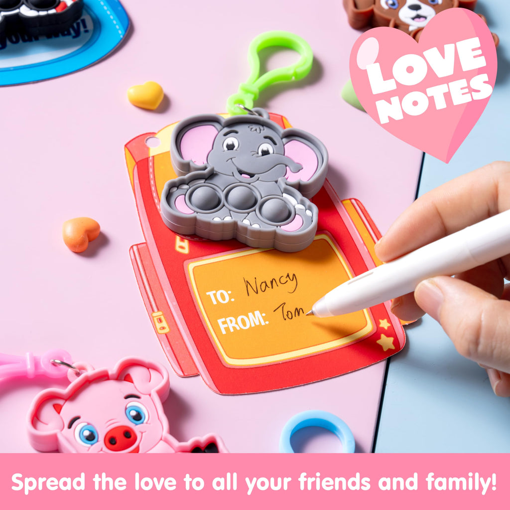 JOYIN 28 Packs Valentine's Day Cards with Animal Pop Bubble Keychain Toys, Mini Pop Squeeze Toys, Stress Anxiety Relief Fidget Toy with Cards for Kids Classroom Exchange, Game Prizes Party Favors