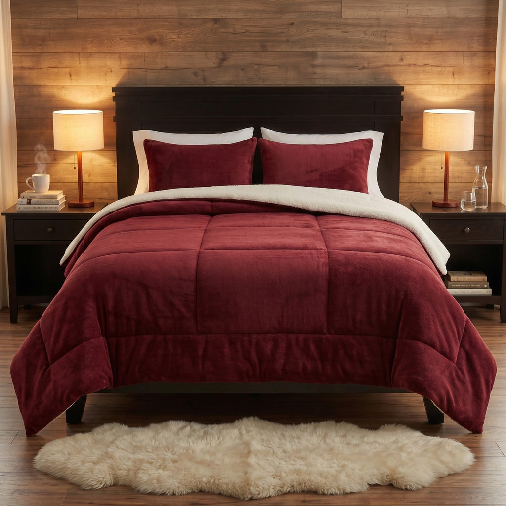 Lavish Home 3 Piece Sherpa/Fleece Comforter Set, King, Burgandy