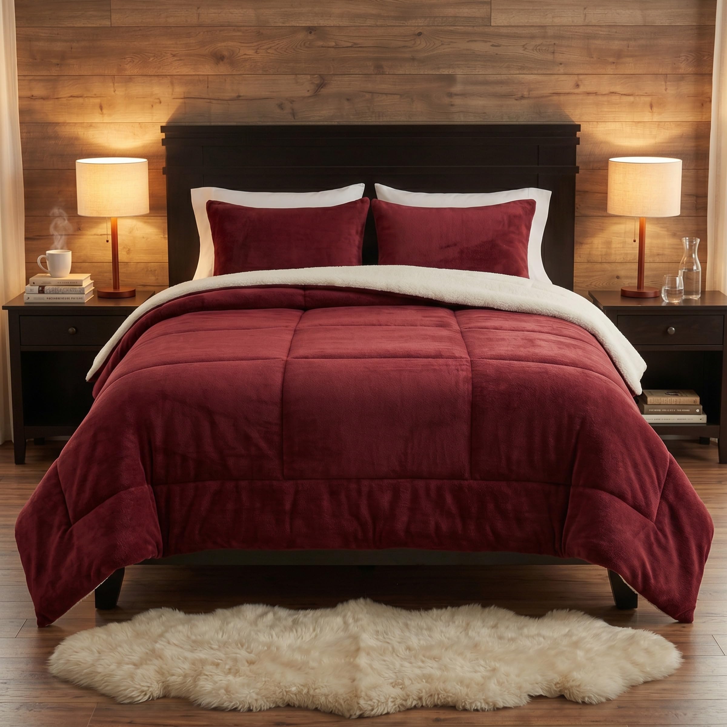 Lavish Home 3 Piece Sherpa/Fleece Comforter Set, King, Burgandy