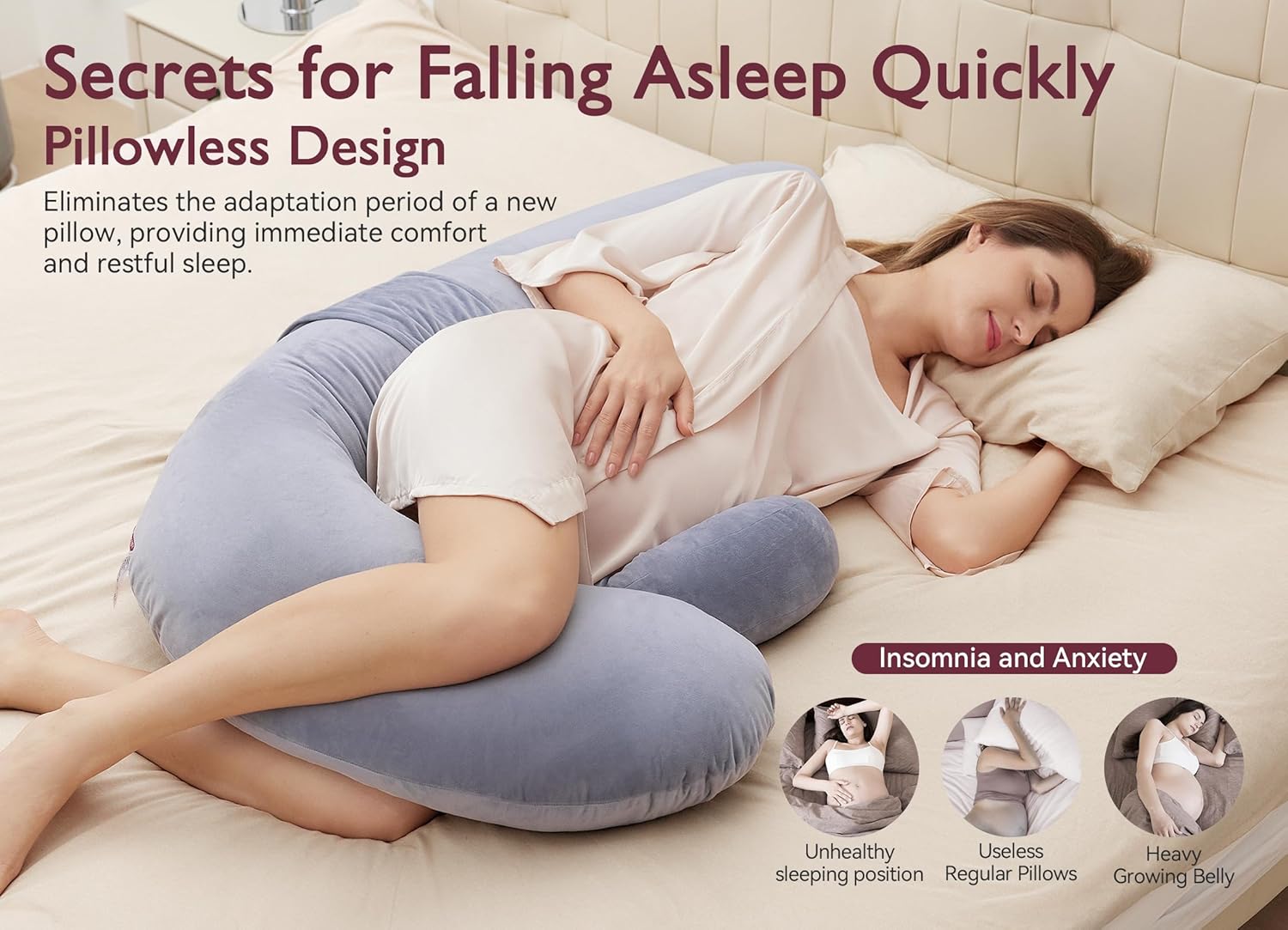 Momcozy Pregnancy Pillow - Original F Shaped Maternity Pillow with Adjustable Wedge - Full Body Support, Grey Velvet Cover