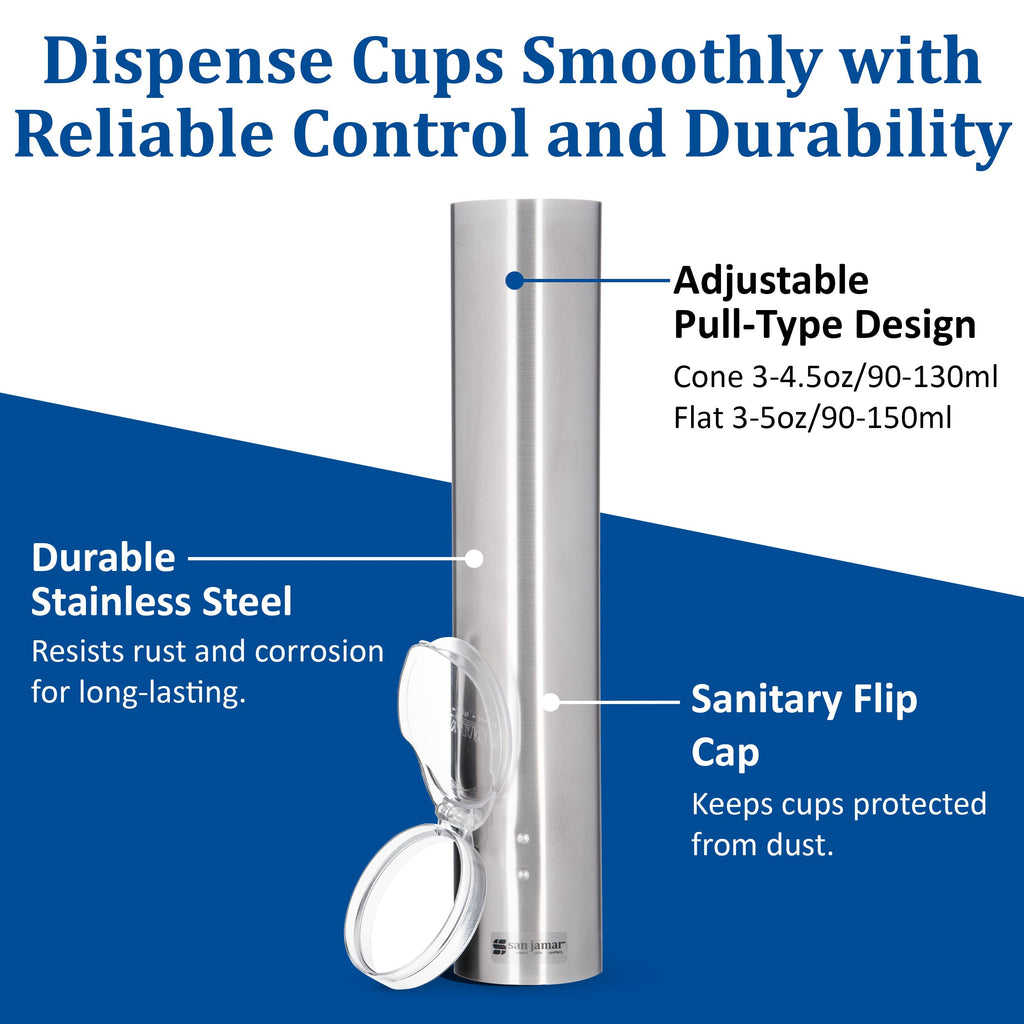 San Jamar Small Pull-Type Cup Dispenser Fits 3-4.5 Oz Cone Cups, 3-5 Oz Flat Cups with Flip Caps for Restaurants, Dining Halls, and Fast Food, Stainless Steel, 16 Inches, Silver