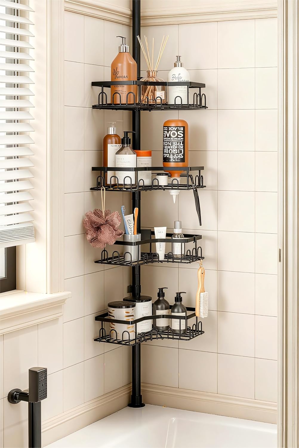 Corner Shower Caddy - 4-Tier Adjustable Tension Pole Organizer for Bathroom | Space-Saving Black Shelves (34in-120in)