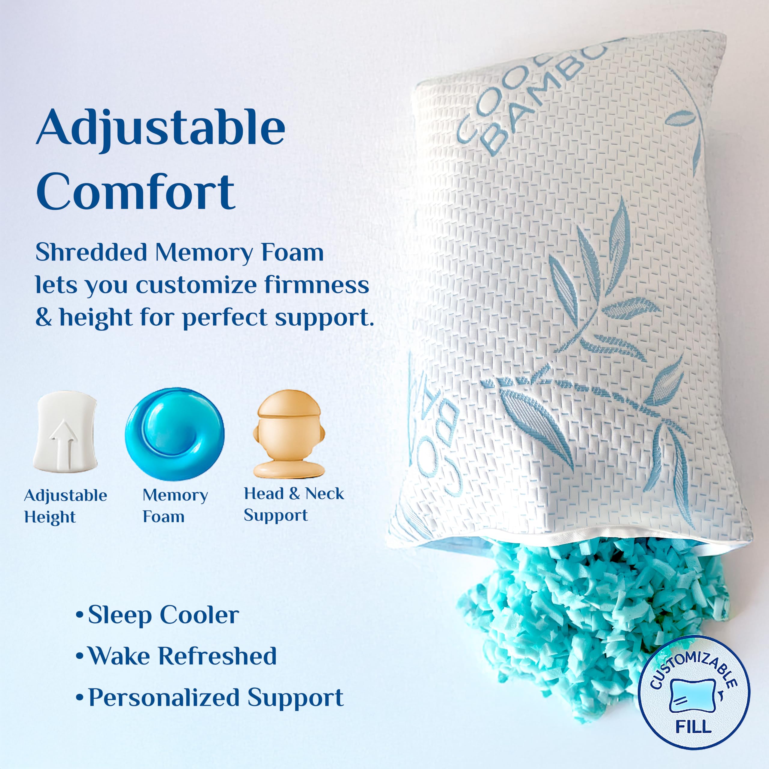 OMEO 2 Pack Bamboo Pillow King Size for Sleeping, Hypoallergenic Cooling Shredded Memory Foam Bed Pillows for Side, Back and Stomach Sleepers, Adjustable Loft and Washable Cover 20" x 36"