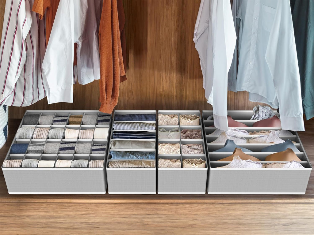 Simple Houseware Drawer Organizer Set - 4-Pack Closet Dividers for Underwear, Socks, Bras | Foldable Gray Storage Boxes