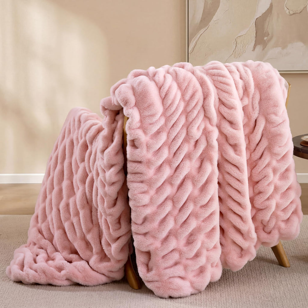 Smoofy Blush Pink Throw Blanket for Couch – Luxury Faux Rabbit Fur Blanket, Ultra Soft Fluffy Plush Fuzzy, Lightweight Warm Cozy Blanket for Bed Sofa, Aesthetic Room Decor Gift for Women 50"x60"