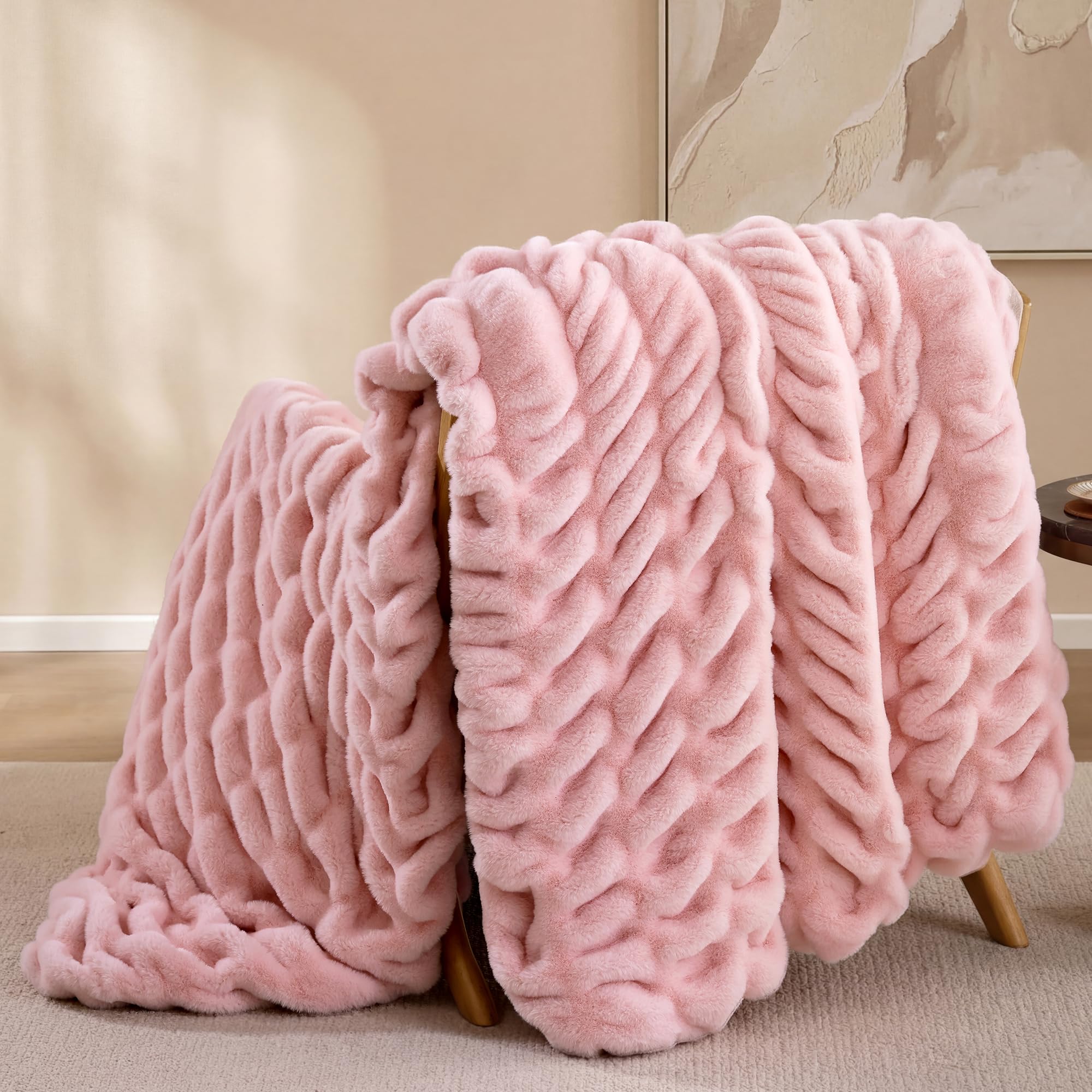 Smoofy Blush Pink Throw Blanket for Couch – Luxury Faux Rabbit Fur Blanket, Ultra Soft Fluffy Plush Fuzzy, Lightweight Warm Cozy Blanket for Bed Sofa, Aesthetic Room Decor Gift for Women 50"x60"