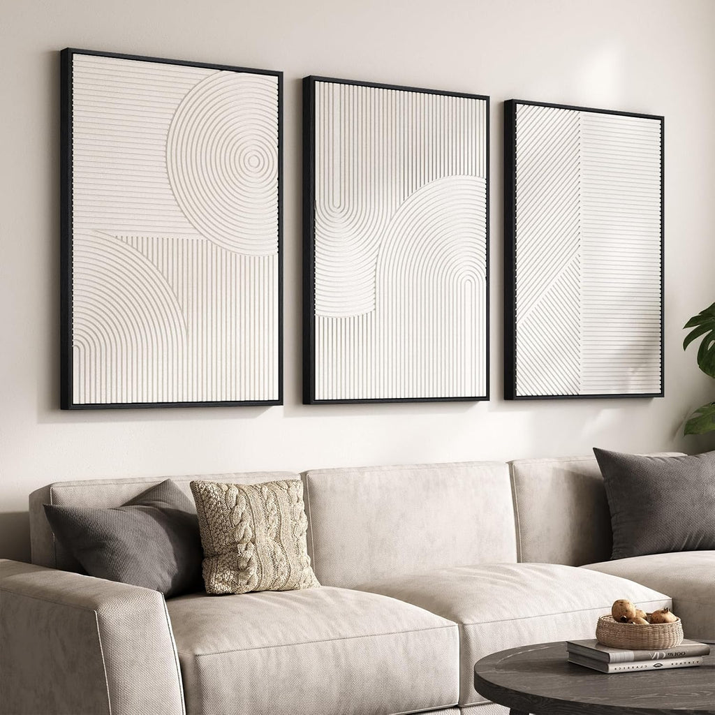 Skiennix Large Framed 3D Textured Abstract Wall Art - Modern White Geometric Decor | 24x36 In, 3 Piece Set